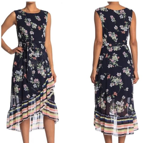 Sandra Darren Dress Floral Stripe Ruffle Hem Belted Womens Size 8 Petite - Picture 1 of 8